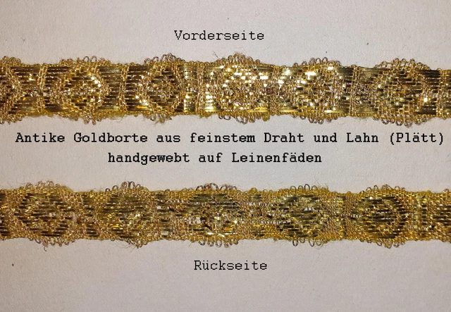 Rarität  5 Stücke antike Goldborte  feiner Golddraht  Lahn auf Leinen handgewebt