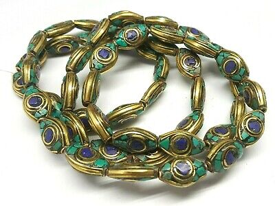 Tibetan Nepalese Artisan Handmade Brass Beautiful Lapis & Turquoise 50 beads