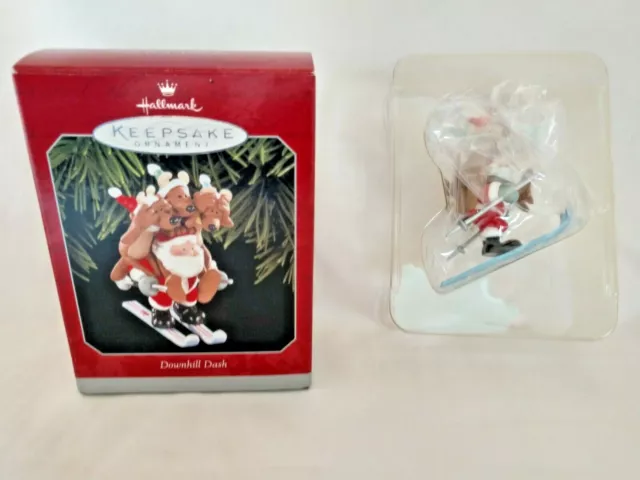 Downhill Dash Ornament by Hallmark, Santa, Reindeer, Skiing,1998, NWB