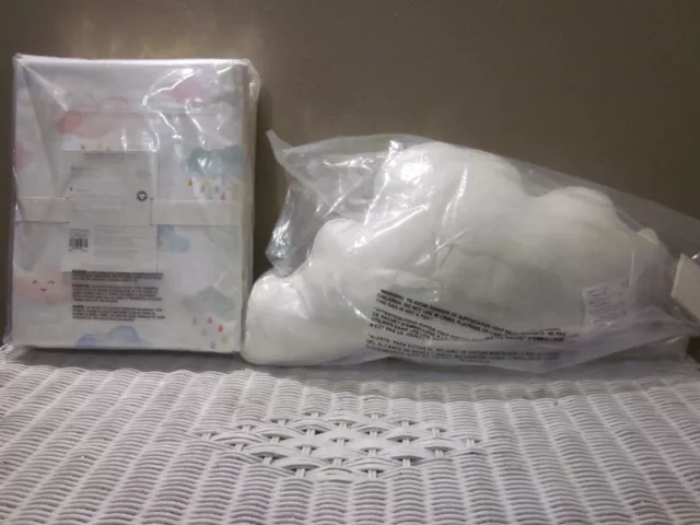 Pottery Barn Kid Rainbow Showers QN Sheet Set & Embroidered Smiling Cloud Pillow 2