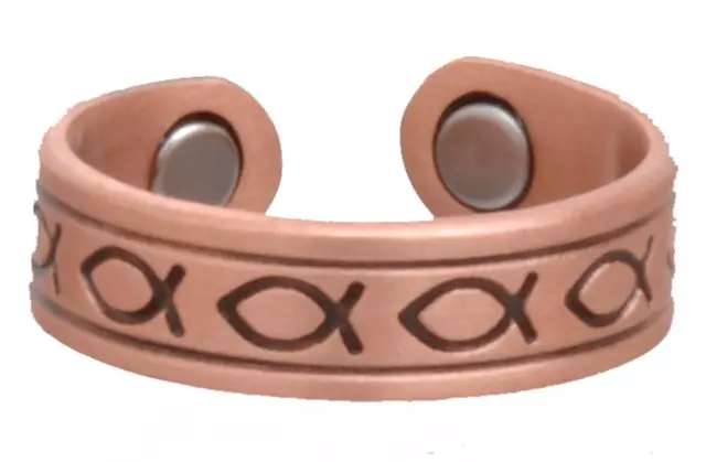 CHRISTIAN SOLID COPPER RING W MAGNETS & ICHTHUS FISH SYMBOLS mens womens jewelry
