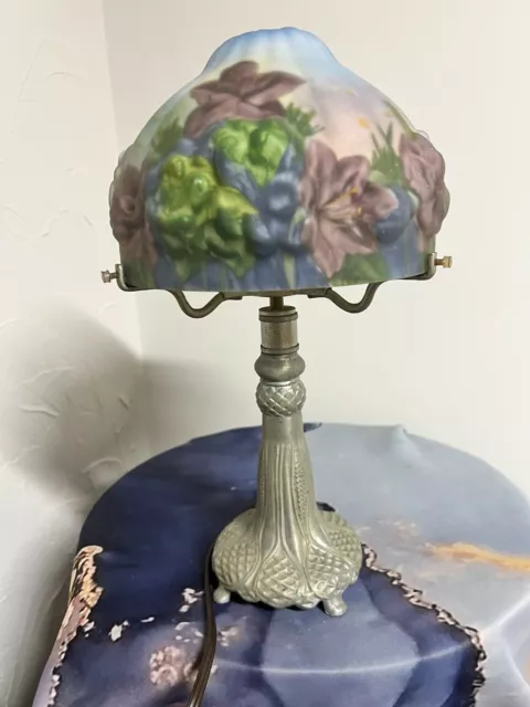 Antique Reverse Painted Table Lamp Puffy Pairpoint Style Flowers 15" Tall