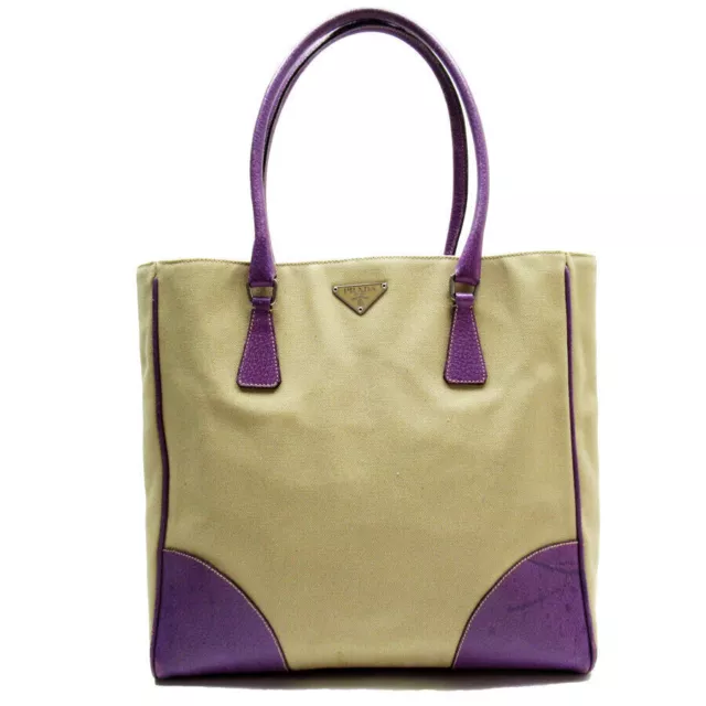 Auth PRADA Bolso de hombro Bolso de mano Beige / lona violeta / cuero w0013a