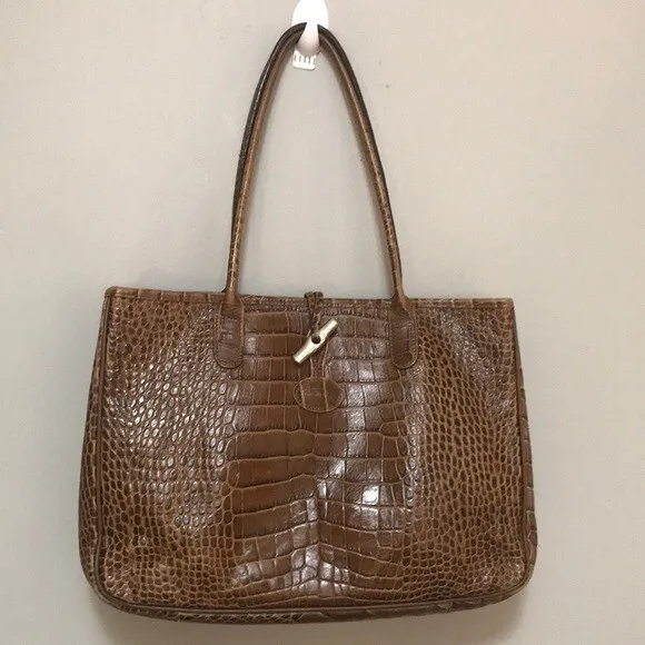 Longchamp Tan Brown Roseau Croc Embossed Leather Toggle Shopper Top Handle Bag