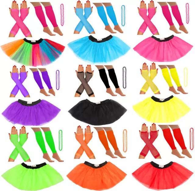 NEON 80s FANCY DRESS TUTU SET GLOVES LEG WARMERS AND BEADS HEN PARTY COSTUME