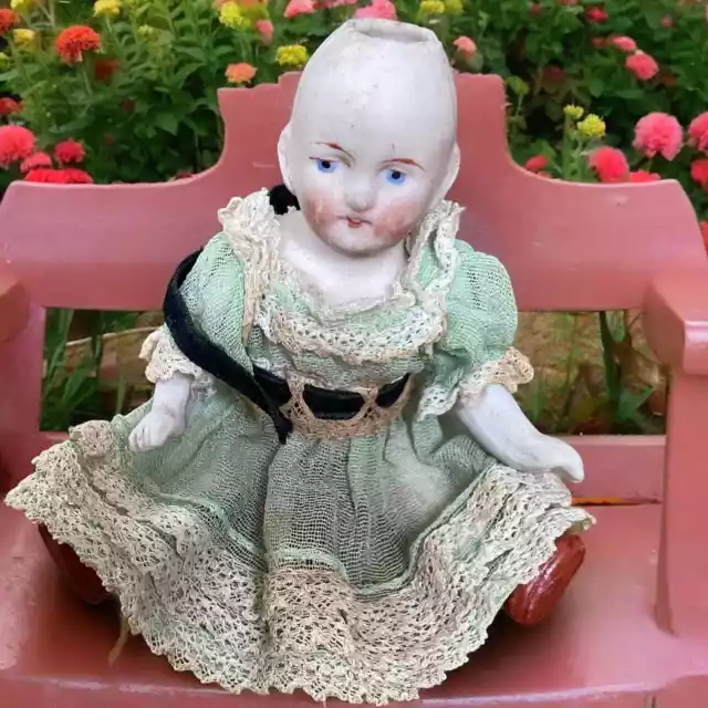 Antique Porcelain German 4.5” 2/0 Tiny Doll in Adorable Dress