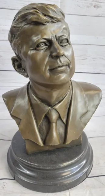 JFK John F. Kennedy Bronze Metal Bust Statue Sculpture Art Decor on Marble Base