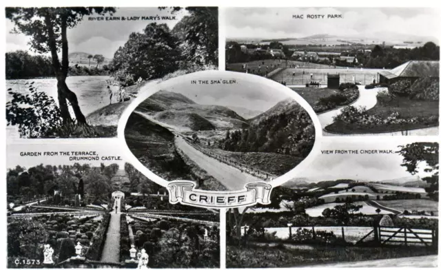 Crieff Multi View sepia unused RP old postcard Dennis & Sons Good