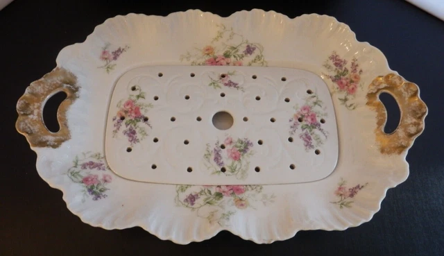 Ancien Plat à Asperges avec Egouttoir Faïence, Porcelaine,  Décor Floral 1900