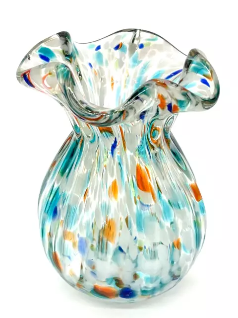 Vintage Murano Confetti Speckled Ruffled Edge Bud Vase Hand Blown Art Glass
