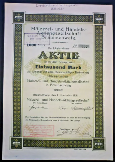 Mälzerei- und Handels-AG Braunschweig,  Aktie  1000 M  1921