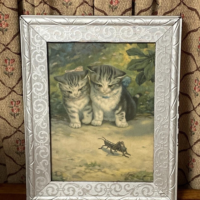 Kittens Grasshopper framed 1950's Antique Frame 10 1/2" by 8 1/2" Tiger Signed