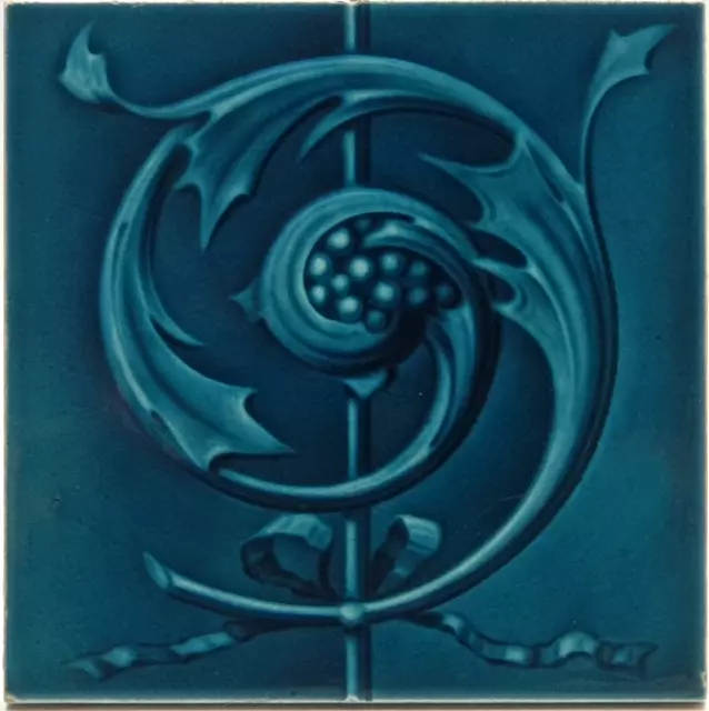 Art Nouveau Fireplace Majolica Blue Glaze Tile Floral Corn Bros C1900 AE3
