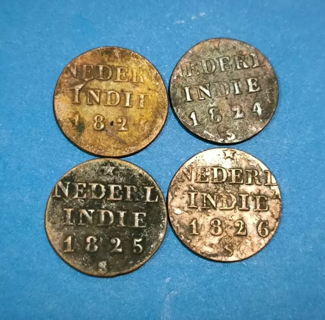 Set Year 4 Pcs 1823,1824,1825,1826 Netherland East Indies 1/4 Stuiver Coin_d99