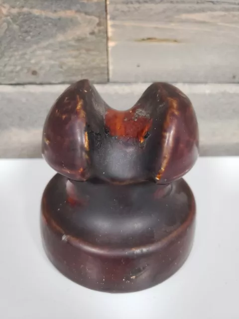 Vintage LAPP 1928 Brown Glazed Porcelain Wire Insulator Saddleback Style