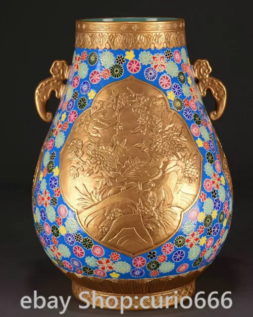 18.5" Old Qianlong Year Colour Enamel Porcelain Gilt Flower Bird Zun Bottle Vase