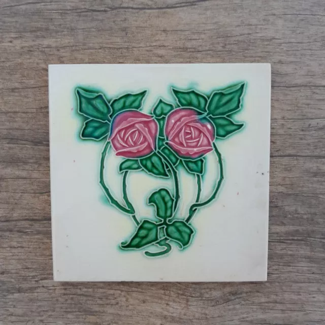 Original vintage Japan art nouveau Victorian majolica floral rose tile gorgeous