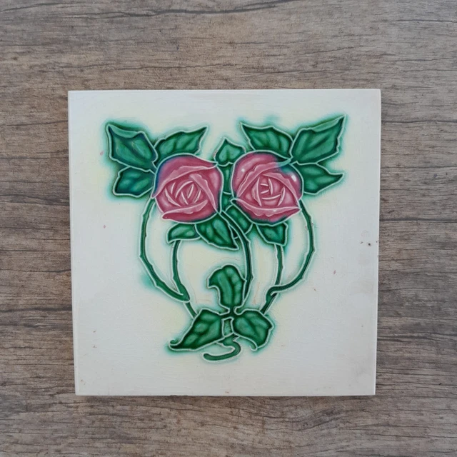 Original vintage Japan art nouveau Victorian majolica floral rose tile gorgeous
