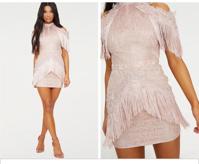 PRETTY LITTLE THING Raine Dusty Blue Lace Panel Tiered Bodycon Dress Size 0 35.00 PicClick