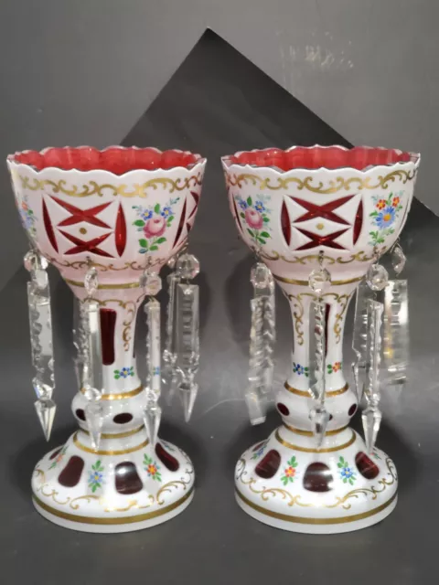 Set Of 2 Vintage Bohemian Cut To Ruby Red Czech Glass Mantel Mantle Lusters