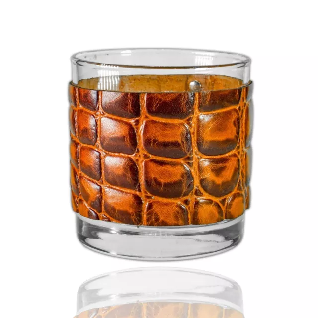 Personalized Embossed Brown Alligator Leather Wrapped Whiskey Glass 11oz