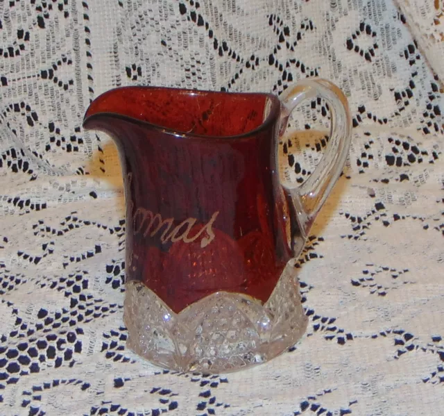 Antique Ruby Flashed Pitcher Glass Etched J. G.THOMAS Name-EAPG 1905