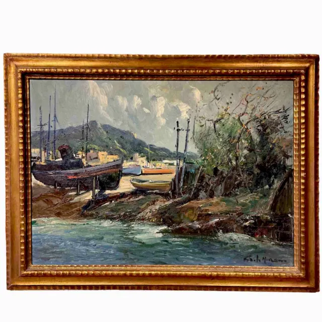 quadro dipinto a olio su tela paesaggio mare nave con cornice stile antico 900 E