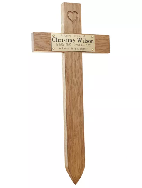 17" Tall Oak Carved Heart Wooden Memorial Cross Engraved Plaque Grave Marker pet 3