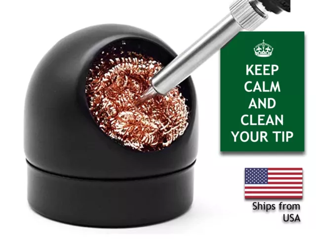 Soldering Iron Tip Cleaner with Mesh Wire Ball & Metal Base Holder - Black