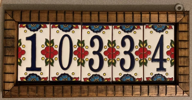 House Address Number Tiles Mounted on Wood Ceramic Tiles 6X3"  with hanger