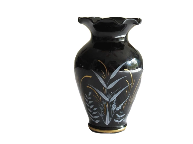 Beautiful Vintage Black with Gold White Floral Design 5.25" Fluted Ruffled Urn