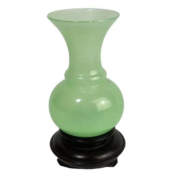 Chinese Jade Jadeite Green Peking Glass Small Vase on Base 4.5" Tall