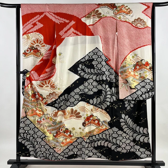 Japanese Silk Kimono Vintage Furisode Gold Kasamatsu Wave Shibori Cream 60"