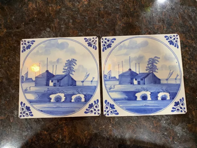 2 BOCH FRERES LA LOUVIERE "Delft" Blue Dutch Water Windmill SCENE 6" x 6" TILE