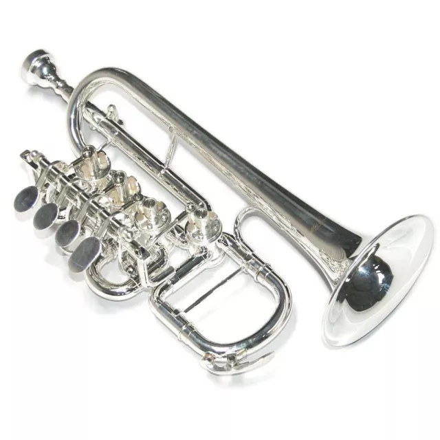 Trompeta plateada Karl Glaser Hoch B Piccolo 4 cilindros válvulas giratorias y maleta