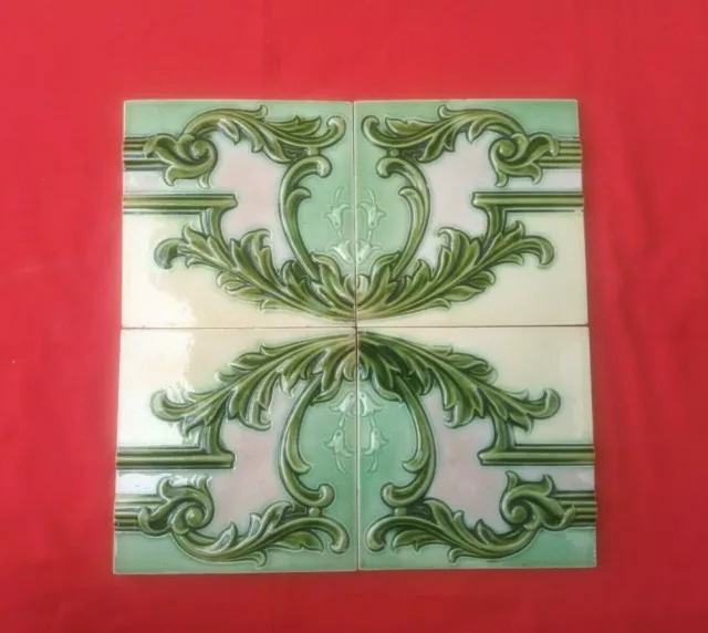 4 Piece Old Art Embossed Design Majolica Ceramic Tiles England 0093