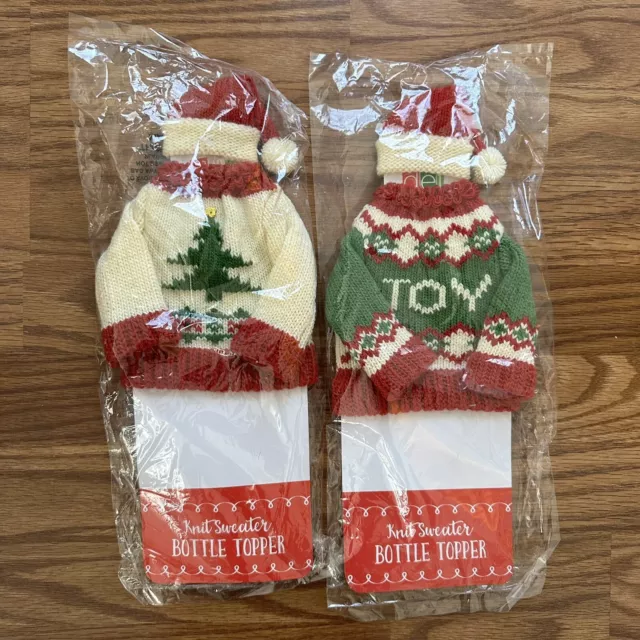 Lot 2 Christmas Ugly Knit Sweater Wine Bottle Covers Toppers Santa Hat Gifts NWT