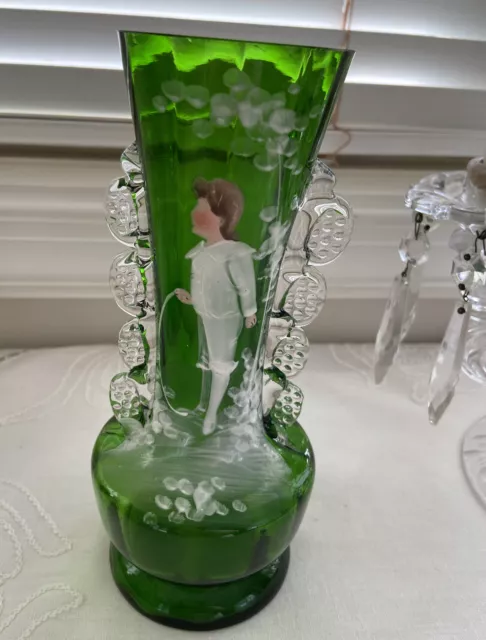 Antique Victorian Hand-Blown Emerald Green Glass Vase Mary Gregory Style