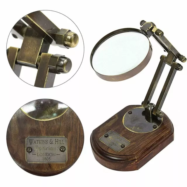 Vintage Magnifier Nautical Brass Magnifying Glass Style Desk Top On Wooden Stand