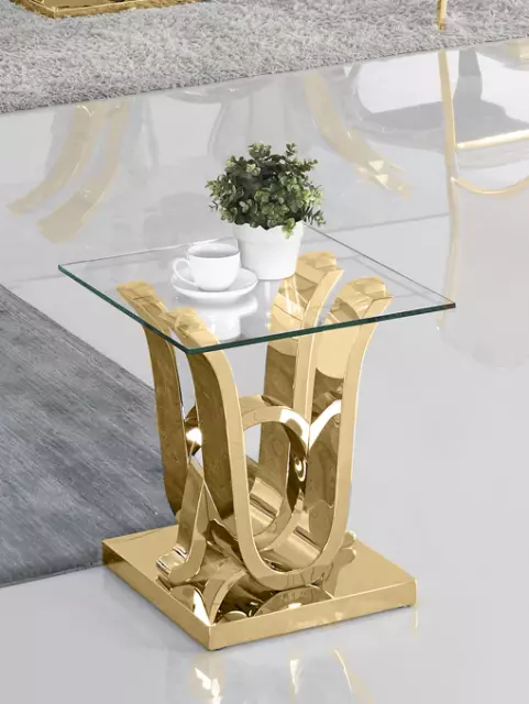 Design Table D'Appoint Inox en Verre Or Haute Brillance de Salon