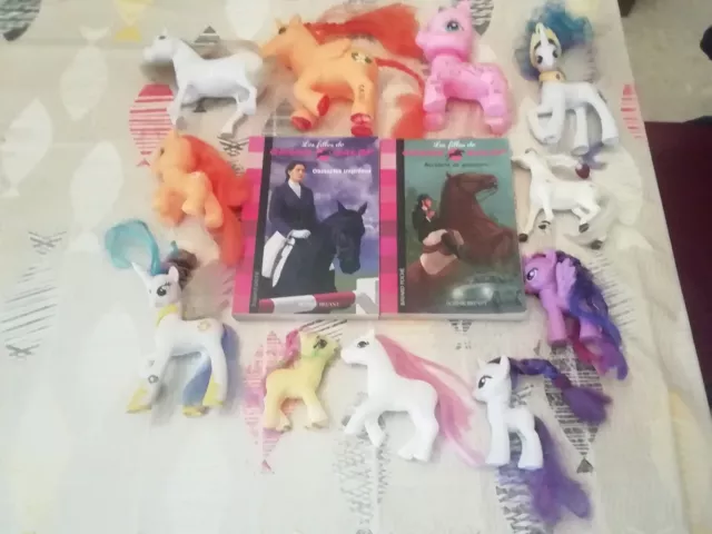 Lot de 11 figurines poney chevaux licornes et 2 livres les filles de grand galop