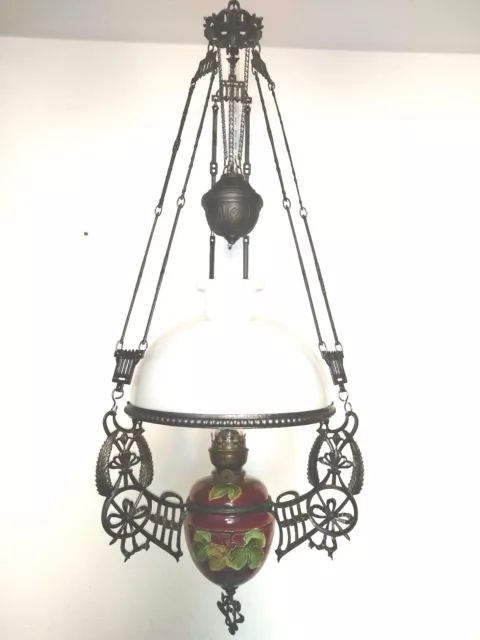 alte Lampe, Deckenlampe, Petroleumlampe  Majolika, Jugendstil um 1900, original