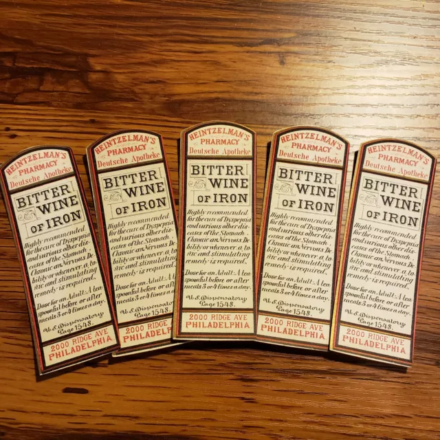 Vintage BITTER WINE OF IRON Heintzelman's Pharmacy Label Unused NOS Lot of 5