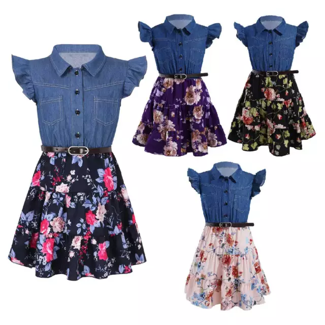 Kids Girls Lapel Collar Dress Denim Bodice Elastic Waist Floral Maxi Casual Wear
