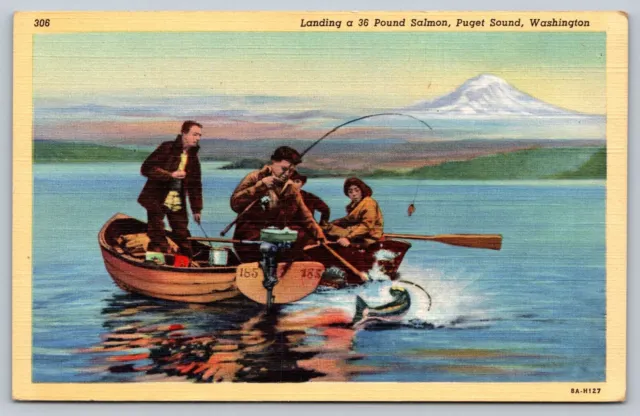 Puget Sound WA Washington Landing a 36 Pound Salmon fishermen fishing Postcard