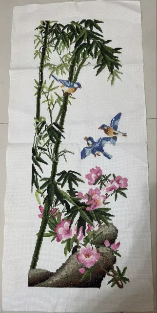 completed finished cross stitch Bamboo birds and flowers  12''x 33'' Gift