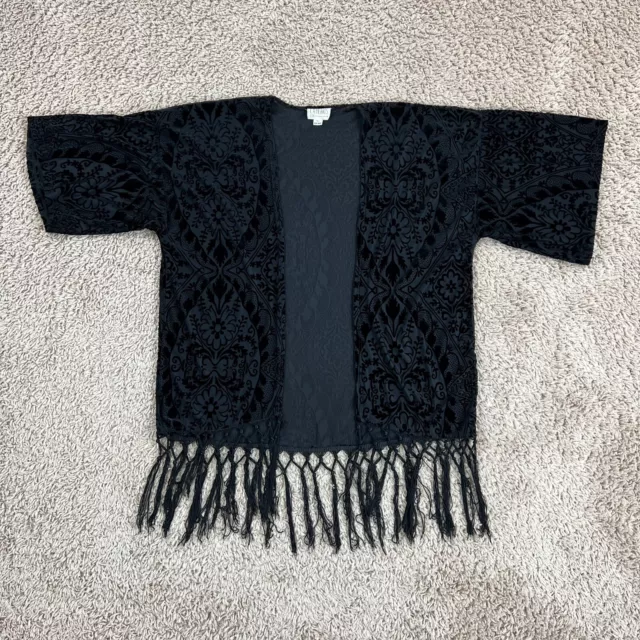 LA HEARTS Black Floral Short-Sleeve Fringe Open-Front Cardigan Women O/S Holiday