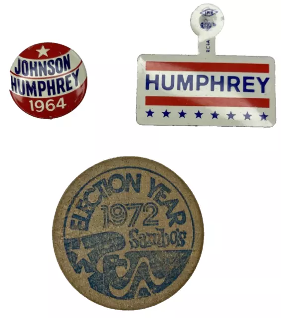 1964 Johnson/ Humphrey President Campaign button, 1968 Hubert Humphrey '72 Sambo