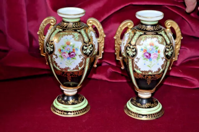 Antique Hand Painted Noritake Twin Handled Pedestal Urns pair of A/F