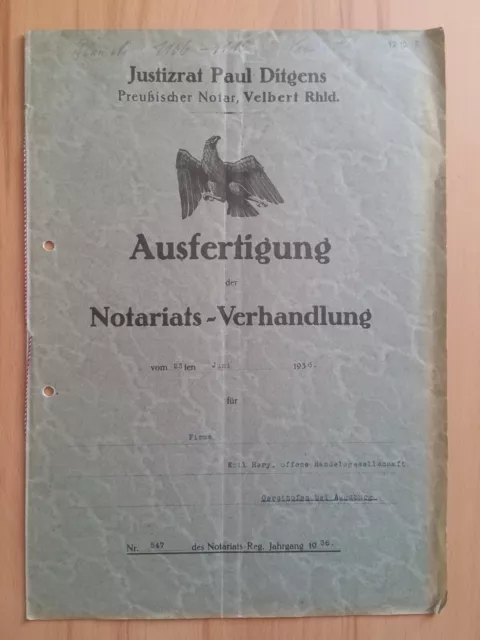 Original Dokument Notarurkunde Kaufvertrag 1936 Justizrat Paul Ditgens Augsburg